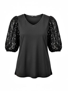 Anthropology Blouson Sleeve Sequin round Neck Top Black Sz M